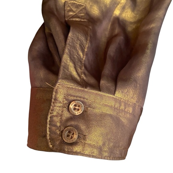 Calvin Klein Women’s Liquid Bronze Shimmer Metallic Button Down Shirt Size L Fun - Picture 8 of 15